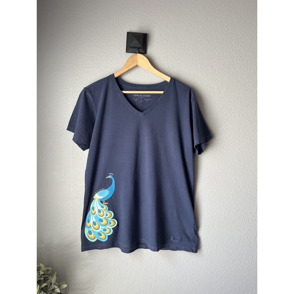 Life is Good Woman’s Crusher Tee Cotton V Neck Navy Blue Heather Peacock Size L
